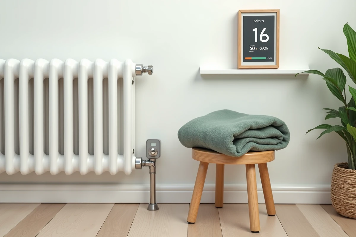 Coin chambre enfant avec radiateur thermostat et thermomètre indiquant 16 degrés pour une température optimale