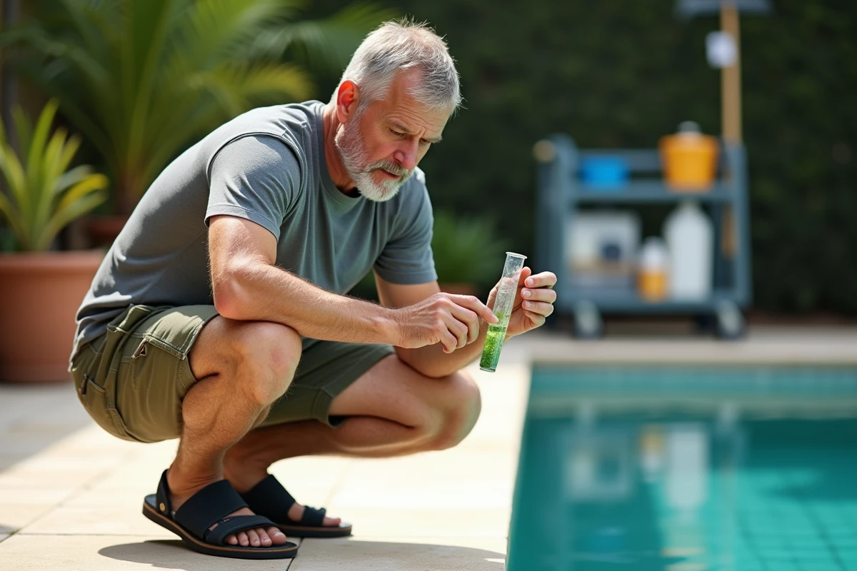 Homme testant la qualité de l'eau verte d'une piscine avec un kit d'analyse chimique