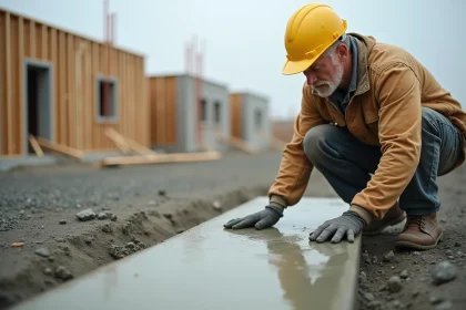 Ouvrier testant l'humidité d'une dalle en béton fraîchement coulée sur un chantier de construction