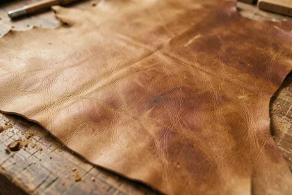 Gros plan macro sur la texture naturelle du cuir aniline cognac révélant les pores et les marques héritées typiques d'un tannage végétal authentique