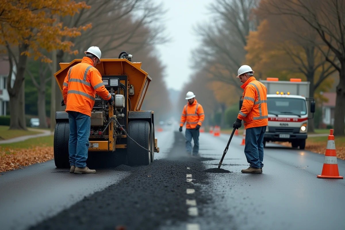 Équipe de travailleurs municipaux réparant une chaussée avec du bitume chaud sur une route de banlieue