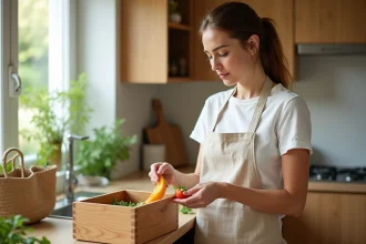 Femme triant des déchets organiques dans un composteur en bois dans une cuisine moderne avec des herbes aromatiques en pot
