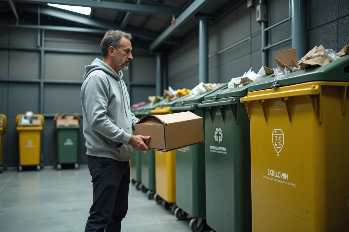 Homme triant des déchets ménagers dans une déchetterie avec bacs de collecte sélective