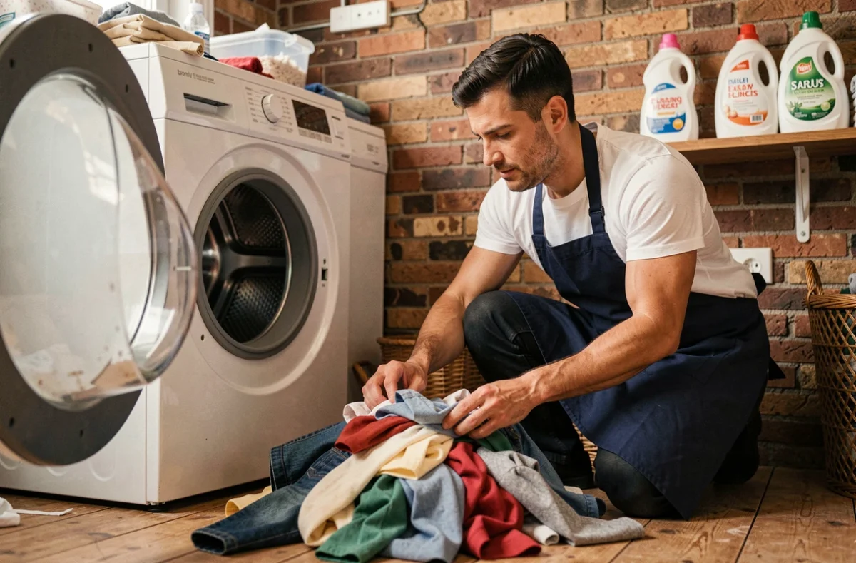 Homme triant le linge devant une machine à laver ouverte dans un appartement urbain