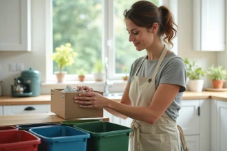 Femme triant des déchets recyclables dans des bacs colorés dans une cuisine moderne et organisée