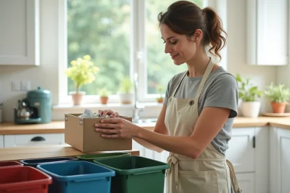 Femme triant des déchets recyclables dans des bacs colorés dans une cuisine moderne et organisée