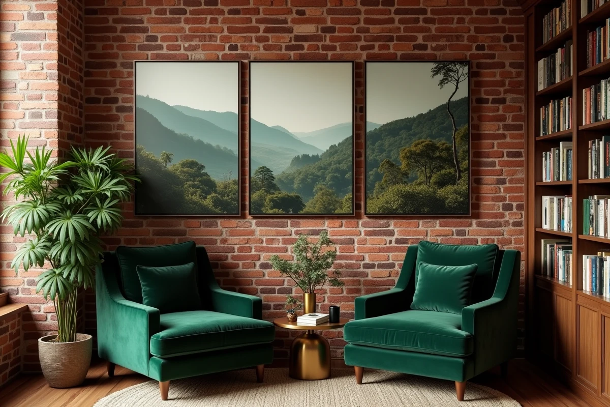Triptyque de grands tableaux en toile disposés en rangée horizontale au-dessus d'un fauteuil en velours dans une bibliothèque avec mur en brique