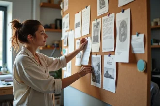 Graphiste analysant différents types d'affiches épinglées sur un mur en liège dans un studio créatif moderne