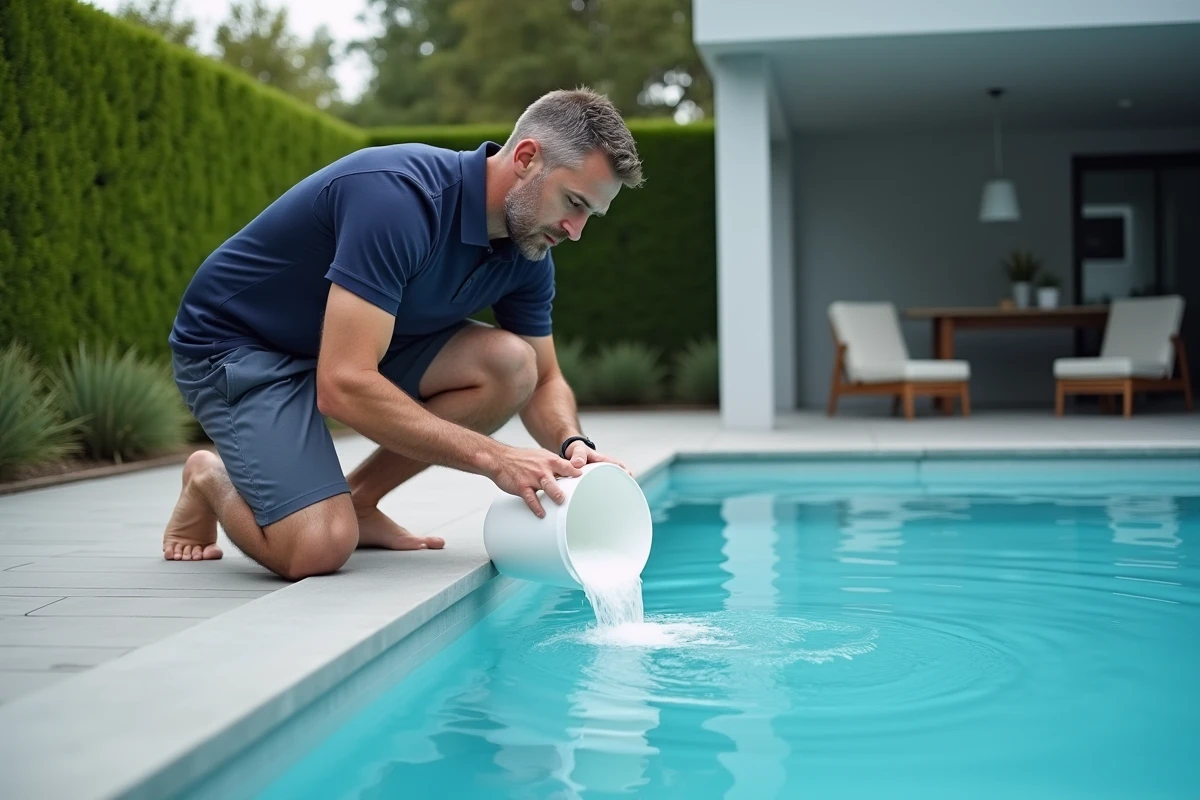 Homme versant une solution de bicarbonate de soude dans une piscine rectangulaire moderne avec terrasse en composite gris