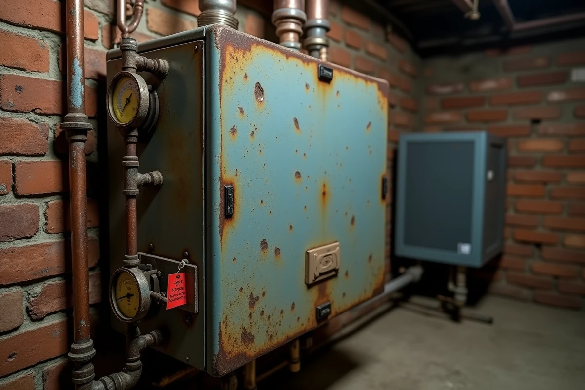 Gros plan d'une vieille chaudière à gaz rouillée avec étiquette de mise hors service dans une cave, symbolisant l'abandon des systèmes de chauffage au gaz