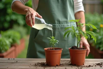 Femme versant du vinaigre blanc sur une plante de tomate en pot dans un jardin potager