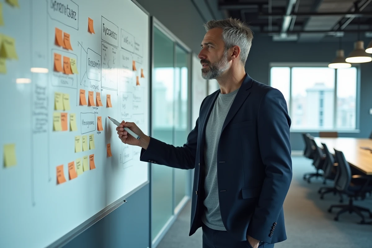 Professionnel expliquant des termes de vocabulaire sur un tableau blanc lors d'une réunion, contexte d'apprentissage du jargon professionnel en entreprise