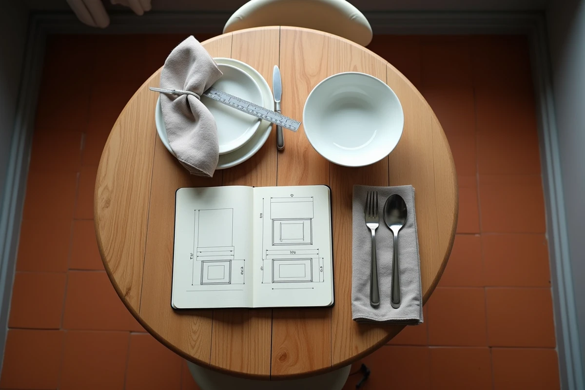 Vue aérienne d'une table ronde avec assiettes, couverts et croquis de dimensions sur un carnet ouvert