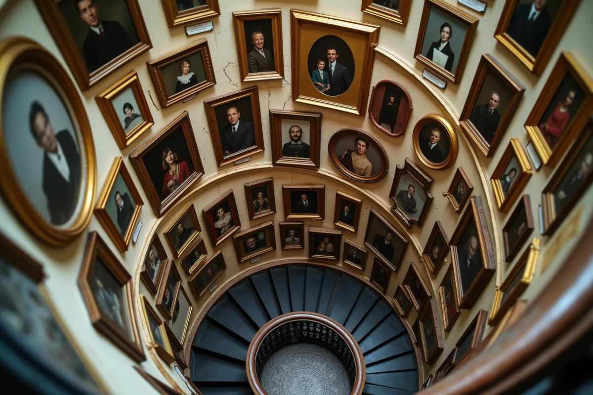 Vue plongeante sur une cage d'escalier haussmannienne avec galerie de photos de famille sur le mur courbe